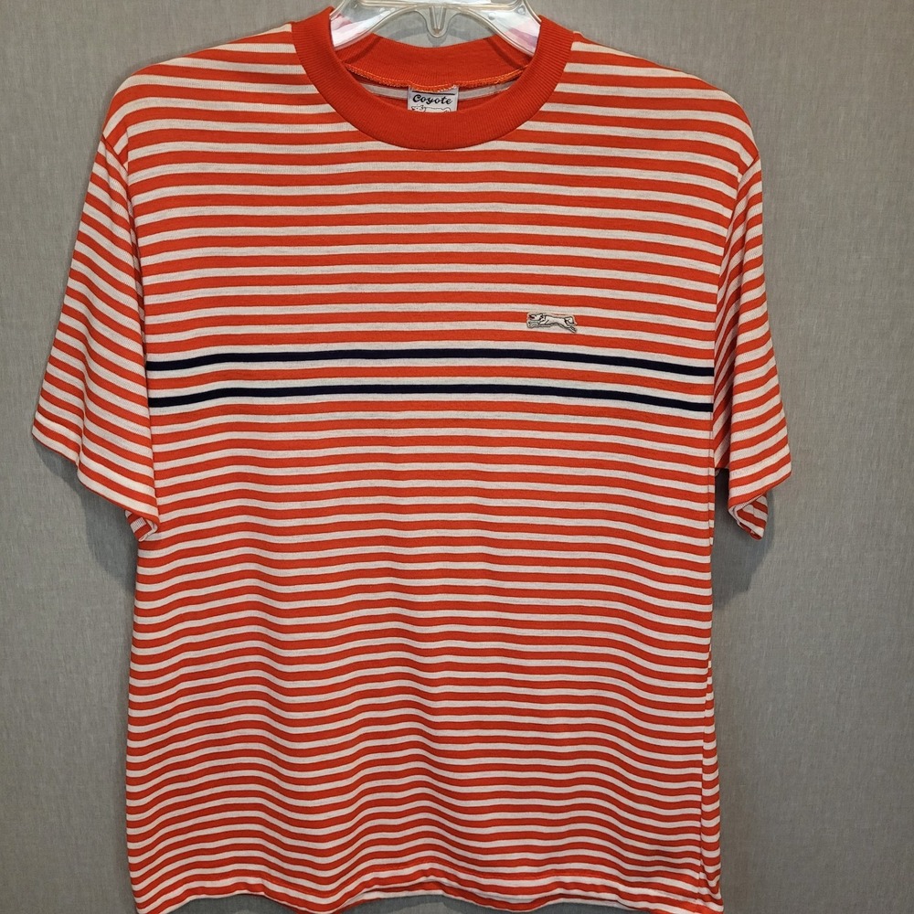 Vintage 80s Coyote by ARGO Striped T-Shirt Orange Navy White USA Made Large Prep